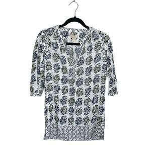 Loft White Green Blue Floral Top Petite 3/4 Sleeve Shirt Womens Tunic Blouse XSP